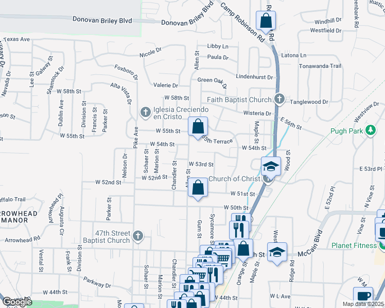 map of restaurants, bars, coffee shops, grocery stores, and more near 416 Pickwick Lane in North Little Rock
