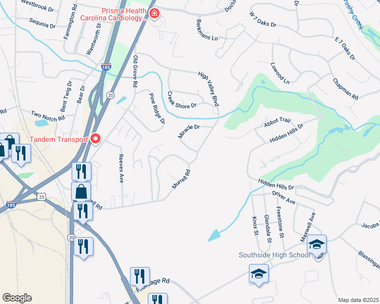 map of restaurants, bars, coffee shops, grocery stores, and more near 42 Miracle Drive in Greenville