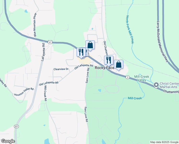 map of restaurants, bars, coffee shops, grocery stores, and more near 405 Sam Love Road in Rocky Face