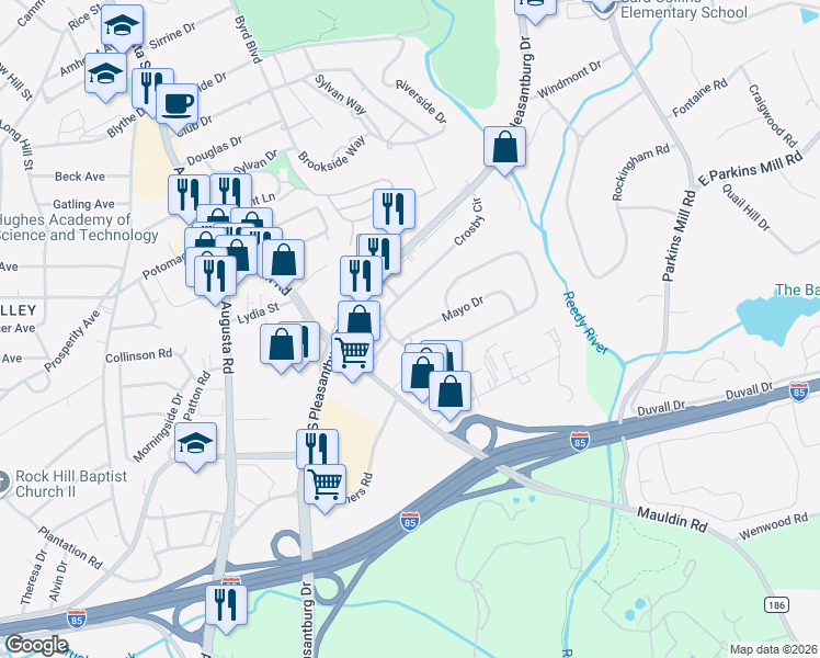 map of restaurants, bars, coffee shops, grocery stores, and more near 1 Mayo Drive in Greenville