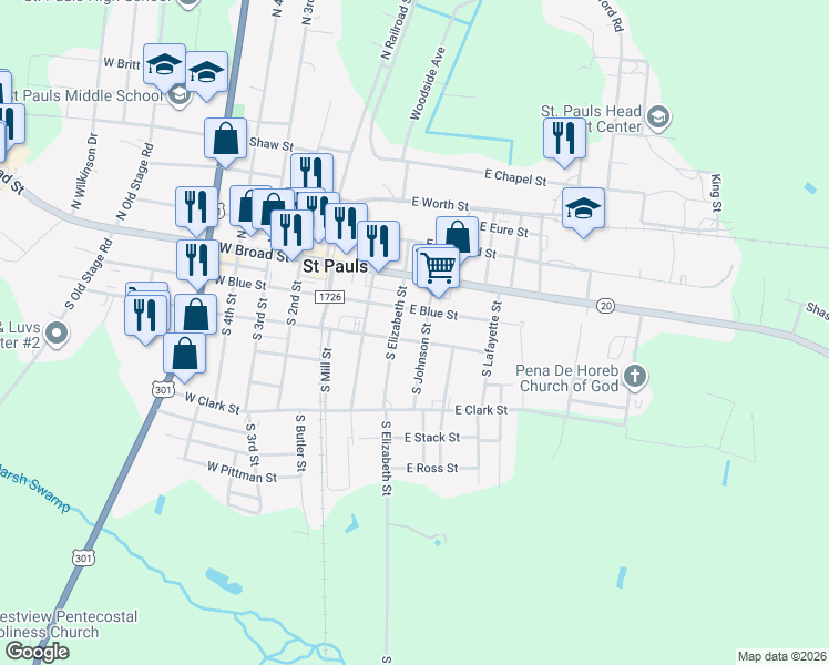 map of restaurants, bars, coffee shops, grocery stores, and more near 205 South Johnson Street in St. Pauls