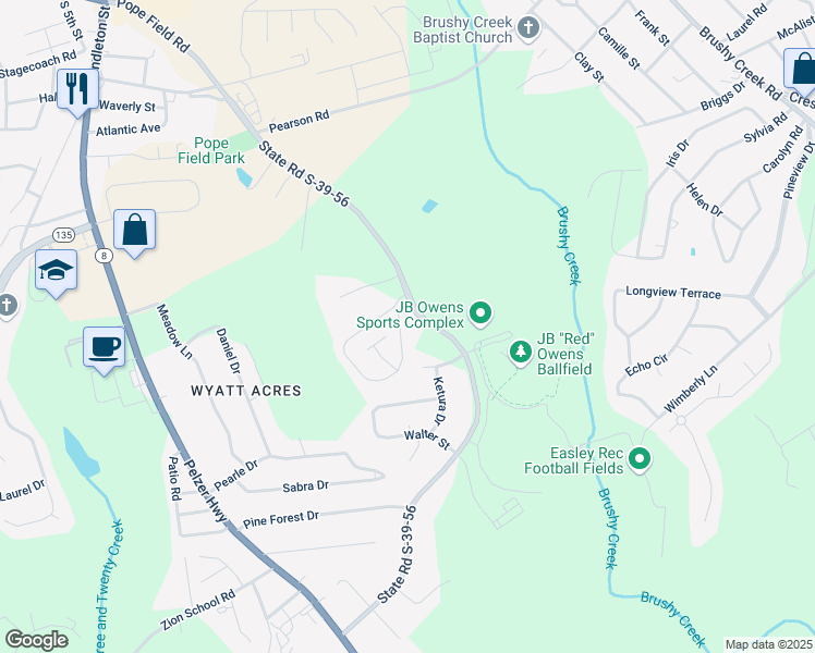 map of restaurants, bars, coffee shops, grocery stores, and more near 328 Springfield Circle in Easley