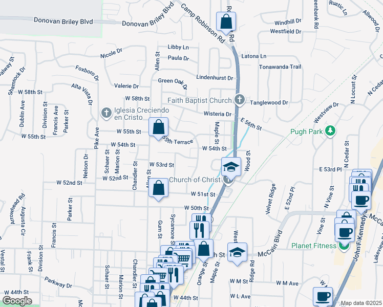 map of restaurants, bars, coffee shops, grocery stores, and more near 102 Pickwick Lane in North Little Rock