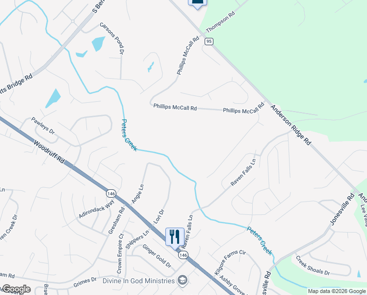 map of restaurants, bars, coffee shops, grocery stores, and more near 422 Phillips McCall Road in Greer