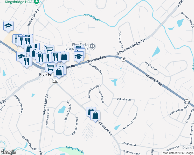 map of restaurants, bars, coffee shops, grocery stores, and more near 8 Hazeltine Court in Simpsonville