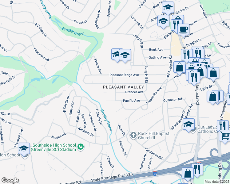 map of restaurants, bars, coffee shops, grocery stores, and more near 199 Panama Avenue in Greenville