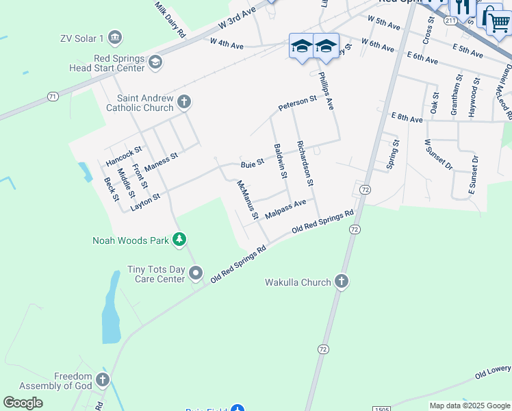map of restaurants, bars, coffee shops, grocery stores, and more near 201 McManus Street in Red Springs