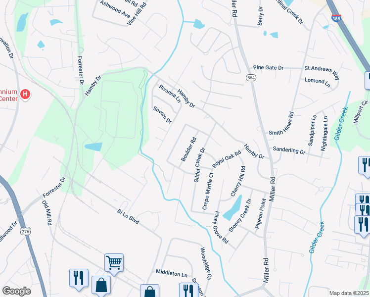 map of restaurants, bars, coffee shops, grocery stores, and more near 108 Boulder Road in Greenville