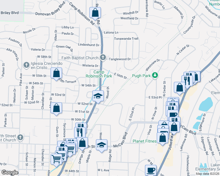 map of restaurants, bars, coffee shops, grocery stores, and more near 5315 Wood Street in North Little Rock