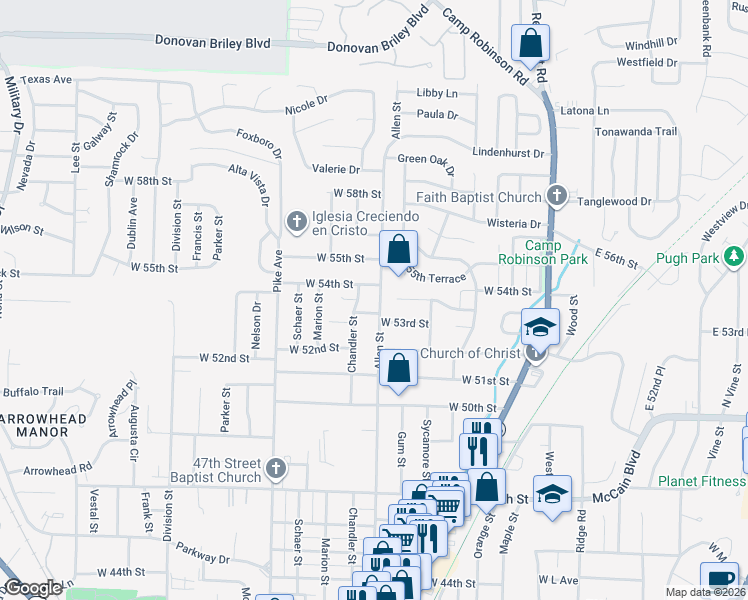 map of restaurants, bars, coffee shops, grocery stores, and more near 5312 Chandler Street in North Little Rock
