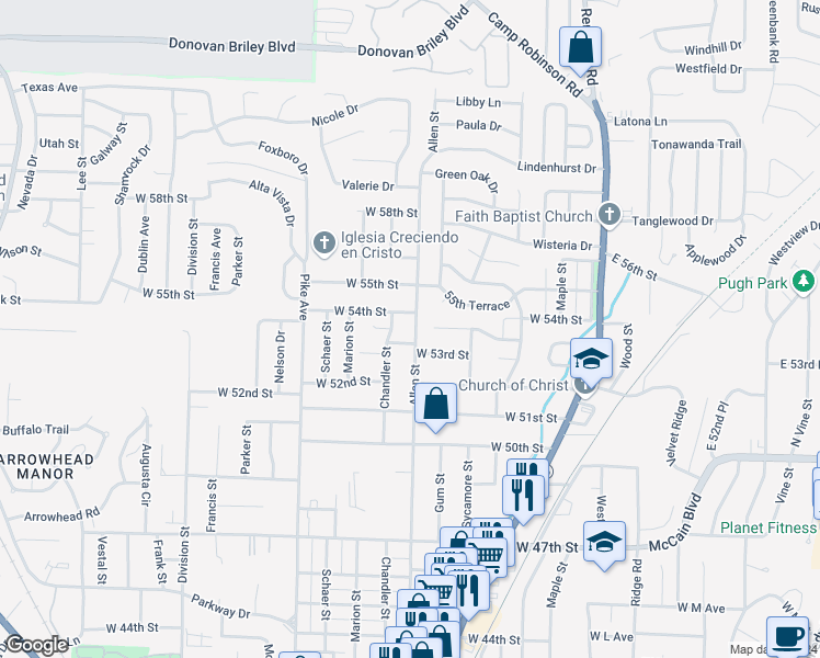 map of restaurants, bars, coffee shops, grocery stores, and more near 5312 Chandler Street in North Little Rock
