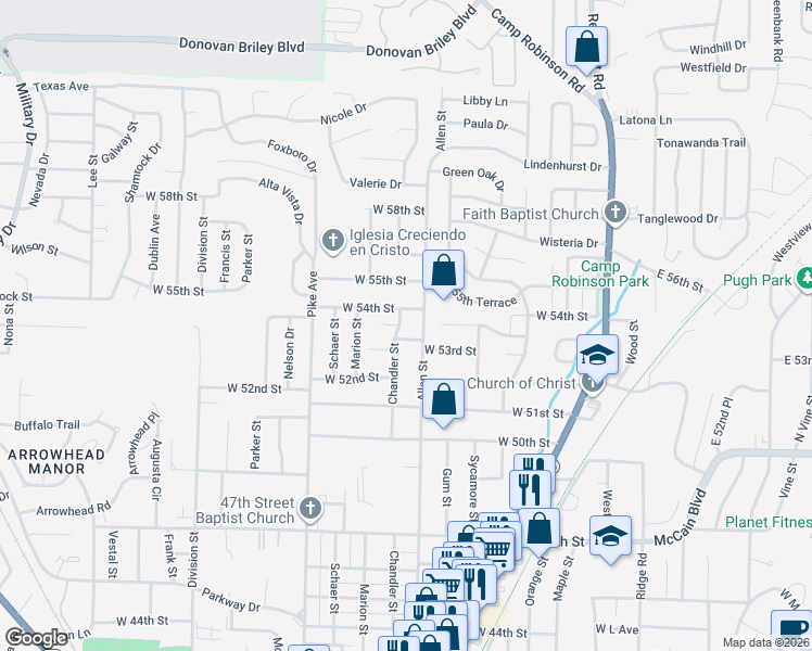 map of restaurants, bars, coffee shops, grocery stores, and more near 5312 Chandler Street in North Little Rock