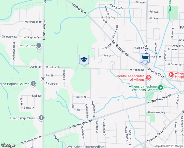 map of restaurants, bars, coffee shops, grocery stores, and more near 102 Bullington Road in Athens