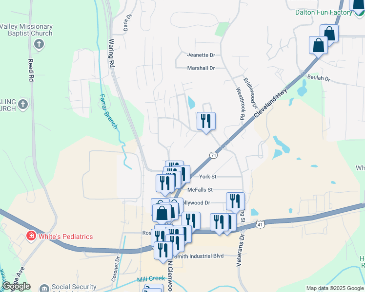 map of restaurants, bars, coffee shops, grocery stores, and more near 1695 Red Oak Drive in Dalton