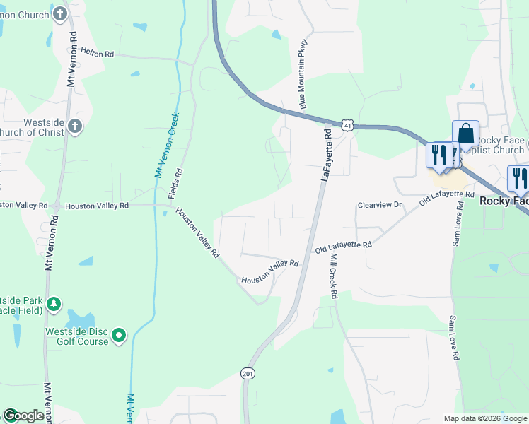 map of restaurants, bars, coffee shops, grocery stores, and more near 200 England Drive in Rocky Face