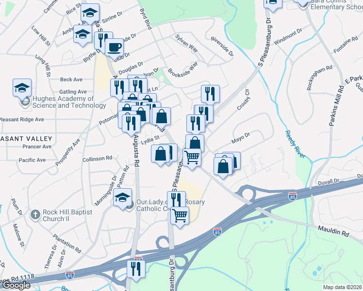 map of restaurants, bars, coffee shops, grocery stores, and more near 1298 South Pleasantburg Drive in Greenville