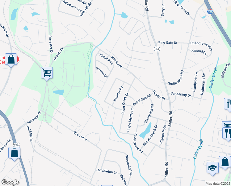 map of restaurants, bars, coffee shops, grocery stores, and more near 108 Boulder Road in Greenville