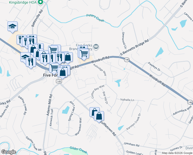map of restaurants, bars, coffee shops, grocery stores, and more near 17 Hazeltine Court in Simpsonville