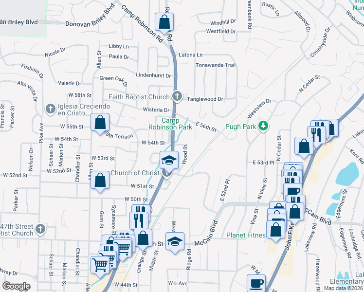 map of restaurants, bars, coffee shops, grocery stores, and more near 5315 Wood Street in North Little Rock