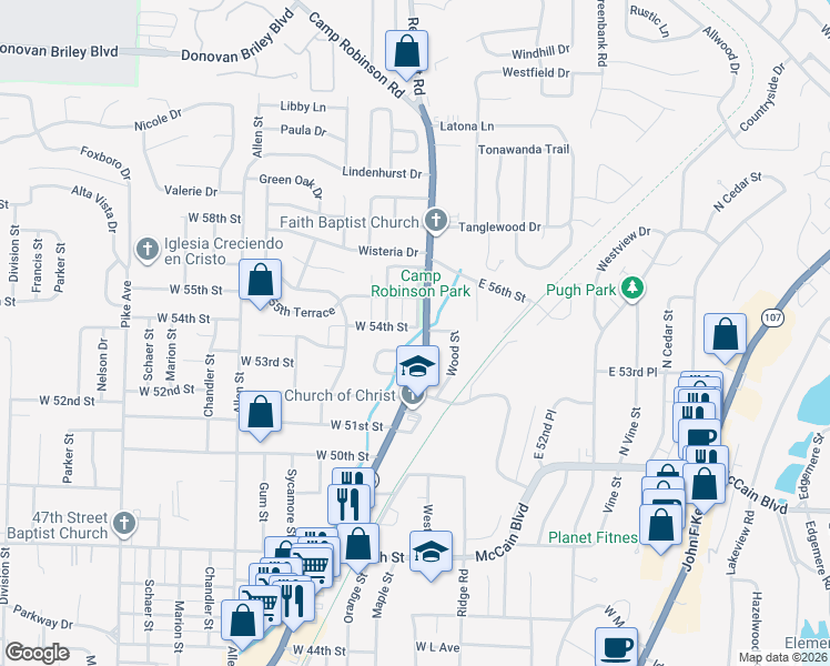 map of restaurants, bars, coffee shops, grocery stores, and more near 104 West 54th Street in North Little Rock