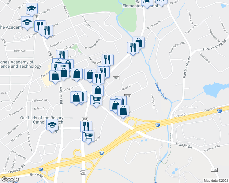 map of restaurants, bars, coffee shops, grocery stores, and more near 1 Mayo Drive in Greenville