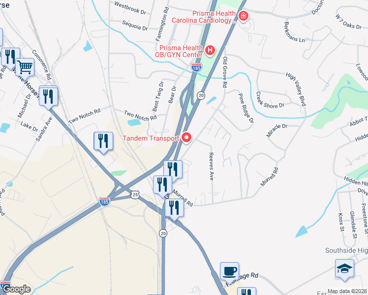 map of restaurants, bars, coffee shops, grocery stores, and more near 310 Old Grove Road in Greenville