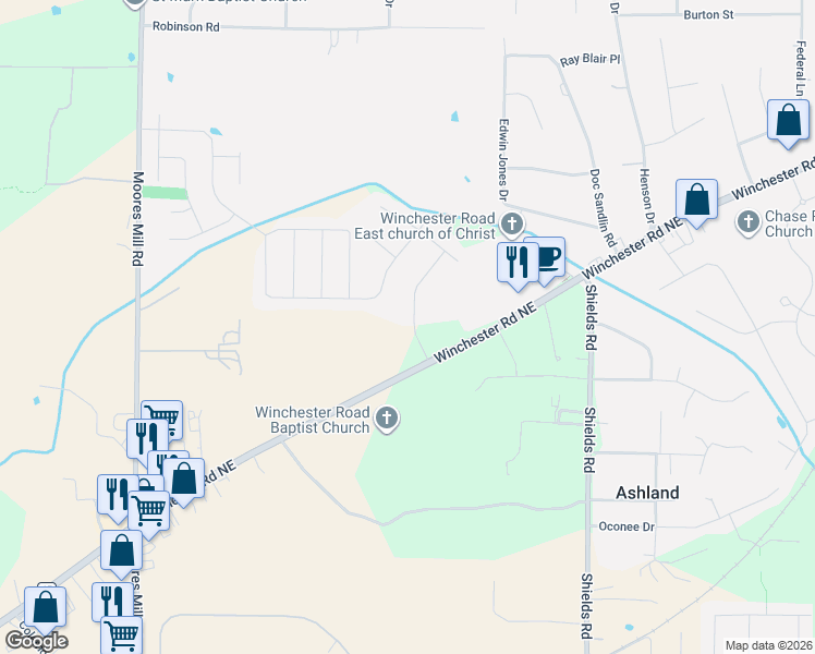 map of restaurants, bars, coffee shops, grocery stores, and more near 1260 Winchester Road Northeast in Huntsville