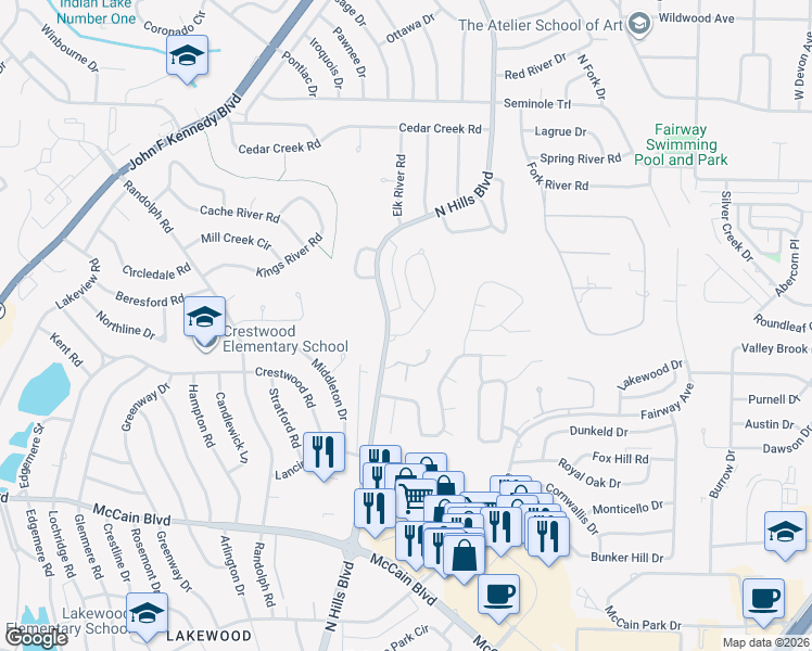 map of restaurants, bars, coffee shops, grocery stores, and more near 1 Dove Creek Circle in North Little Rock
