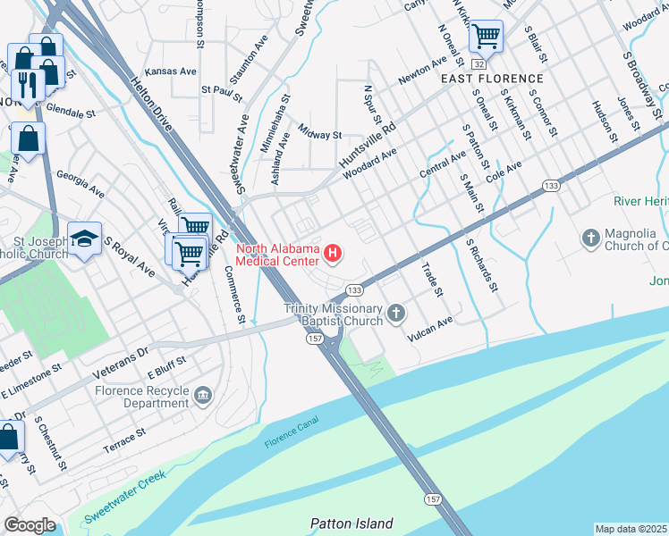 map of restaurants, bars, coffee shops, grocery stores, and more near 1701 Veterans Drive in Florence