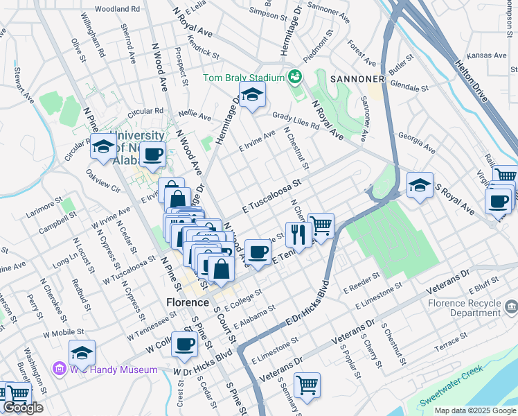 map of restaurants, bars, coffee shops, grocery stores, and more near 414 East Tuscaloosa Street in Florence