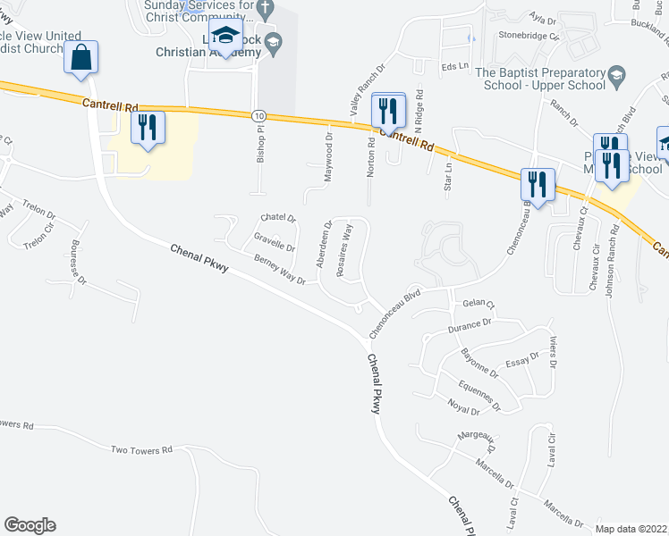 map of restaurants, bars, coffee shops, grocery stores, and more near 14 Rosaires Way in Little Rock