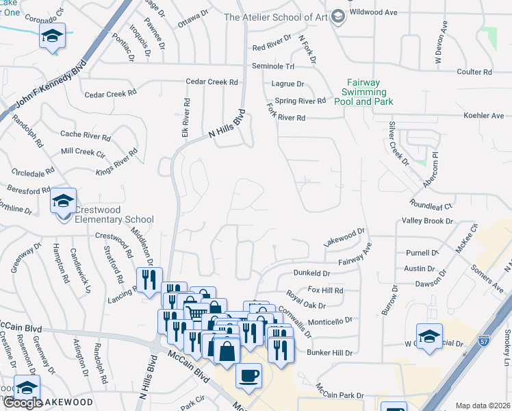 map of restaurants, bars, coffee shops, grocery stores, and more near 3109 Overbrook Circle in North Little Rock