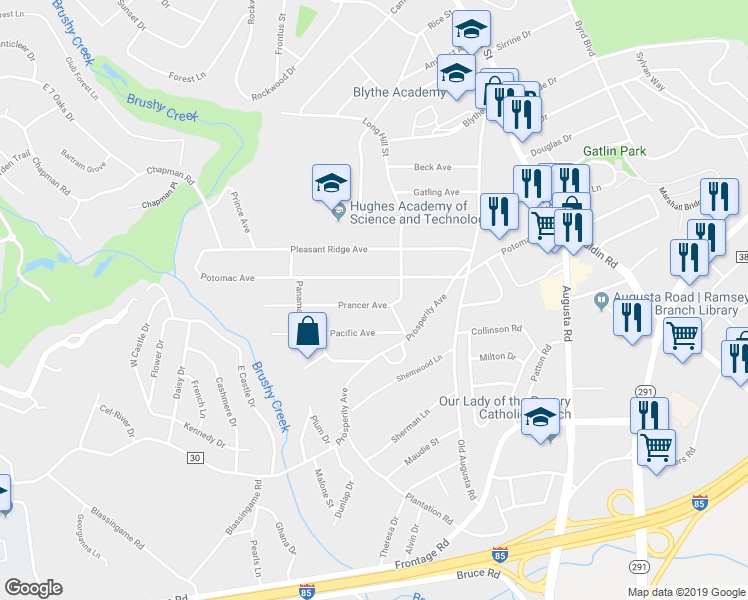 map of restaurants, bars, coffee shops, grocery stores, and more near 10 Prancer Avenue in Greenville
