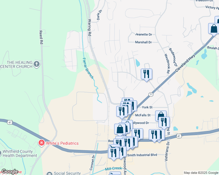 map of restaurants, bars, coffee shops, grocery stores, and more near 1608 Waring Rd NW in Dalton