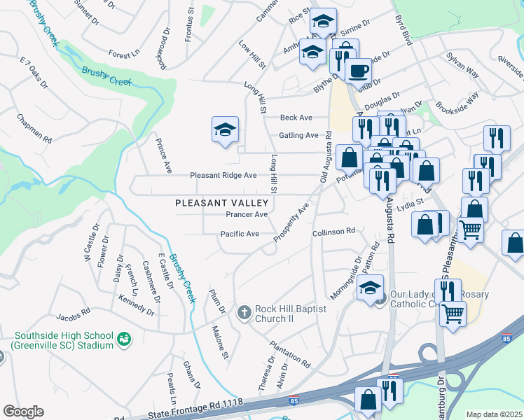 map of restaurants, bars, coffee shops, grocery stores, and more near 6 Prancer Avenue in Greenville