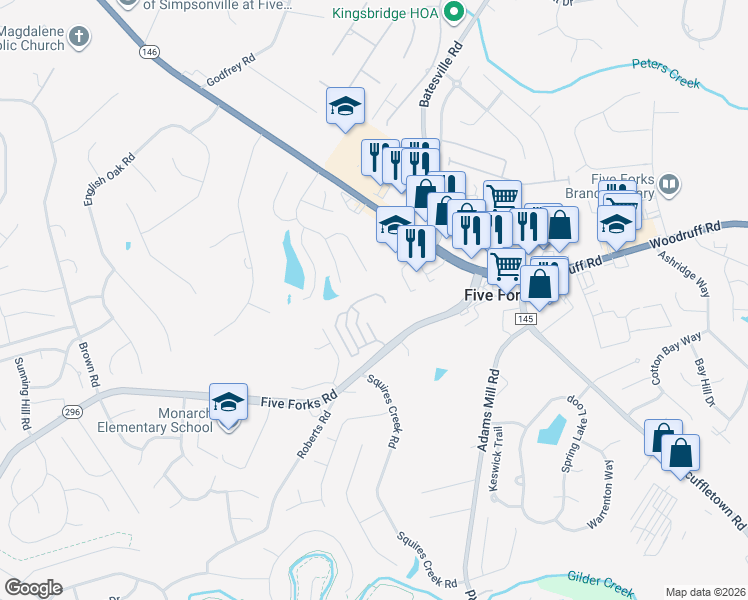 map of restaurants, bars, coffee shops, grocery stores, and more near 324 Woodruff Park Lane in Simpsonville