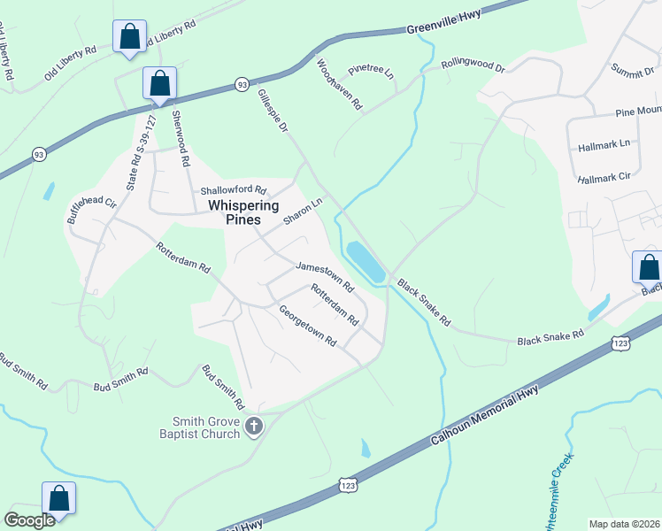 map of restaurants, bars, coffee shops, grocery stores, and more near 309 Jamestown Road in Easley