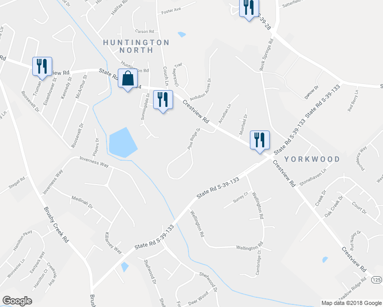 map of restaurants, bars, coffee shops, grocery stores, and more near 157 Pine Ridge Drive in Easley