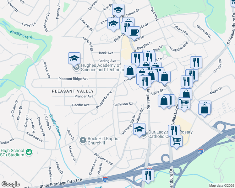map of restaurants, bars, coffee shops, grocery stores, and more near 510 Old Augusta Road in Greenville