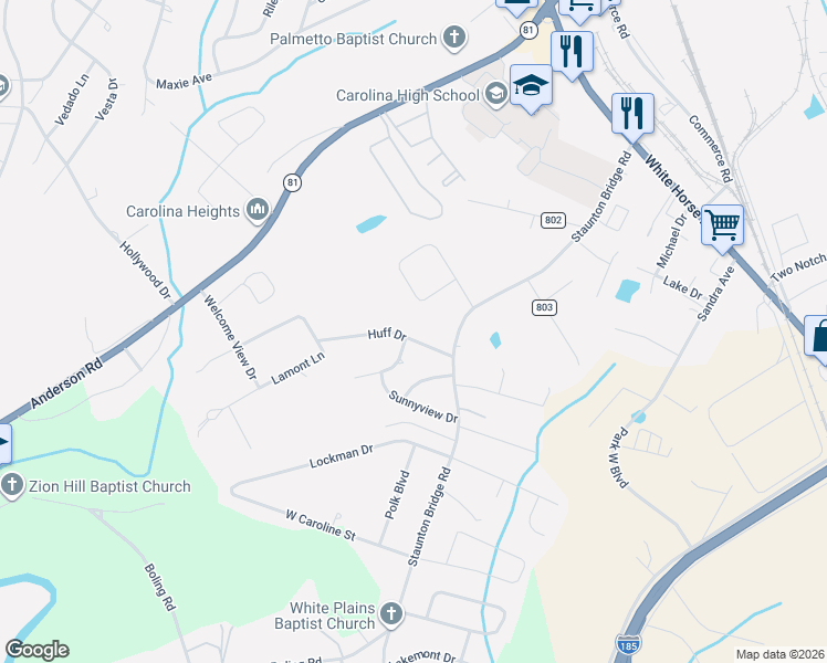 map of restaurants, bars, coffee shops, grocery stores, and more near 4 Huff Drive in Greenville