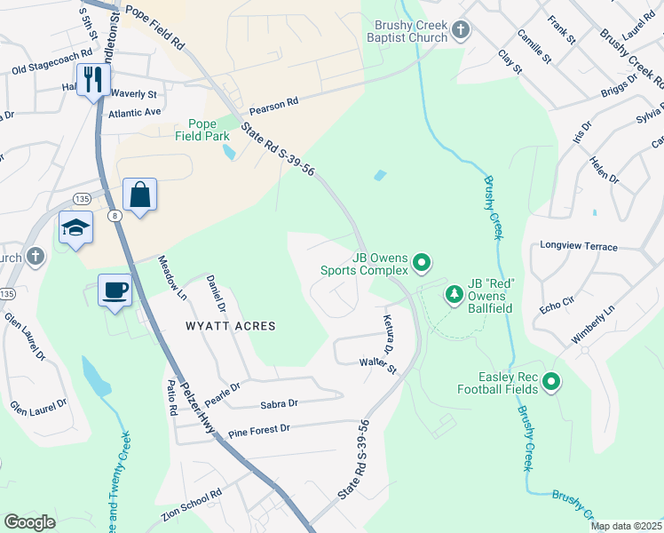 map of restaurants, bars, coffee shops, grocery stores, and more near 220 Springfield Circle in Easley
