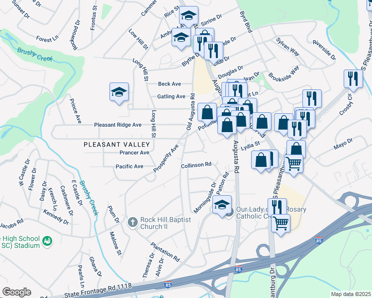 map of restaurants, bars, coffee shops, grocery stores, and more near 510 Old Augusta Road in Greenville