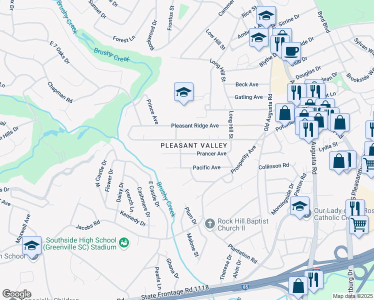 map of restaurants, bars, coffee shops, grocery stores, and more near 36 Prancer Avenue in Greenville