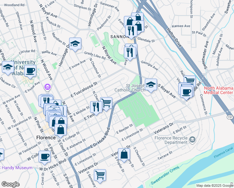 map of restaurants, bars, coffee shops, grocery stores, and more near 728 East Mobile Street in Florence