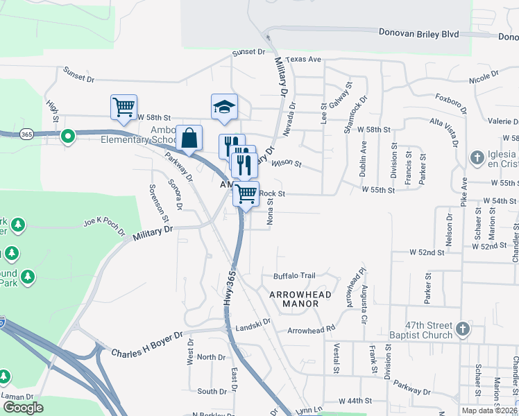 map of restaurants, bars, coffee shops, grocery stores, and more near 115 Louise Street in North Little Rock