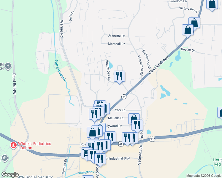 map of restaurants, bars, coffee shops, grocery stores, and more near 1696 Red Oak Drive in Dalton