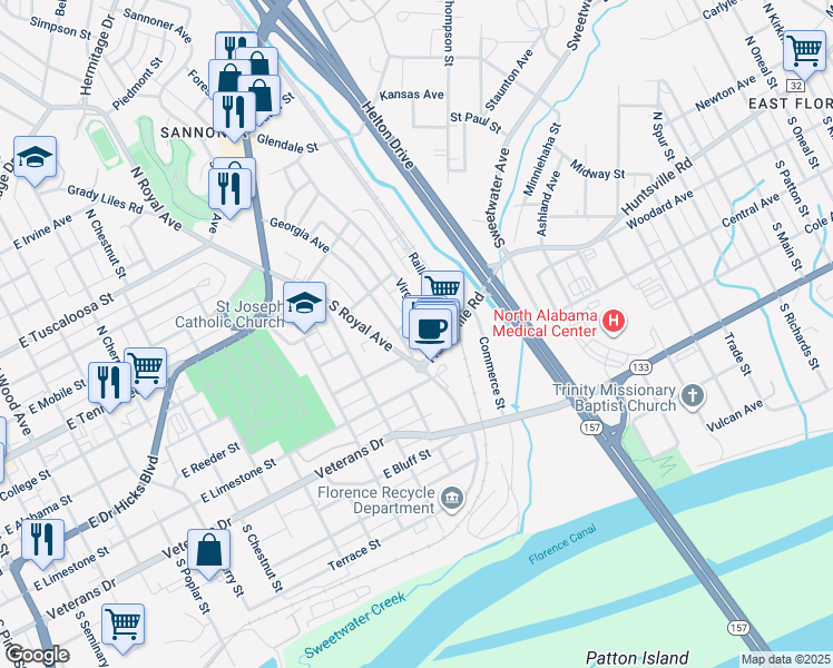 map of restaurants, bars, coffee shops, grocery stores, and more near 120 Georgia Avenue in Florence