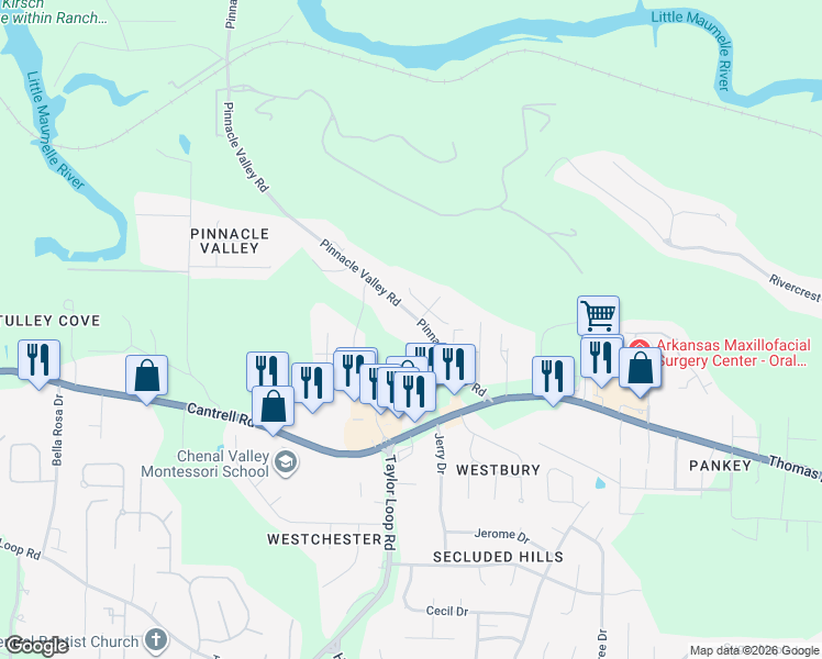 map of restaurants, bars, coffee shops, grocery stores, and more near 5522 Pinnacle Valley Road in Little Rock