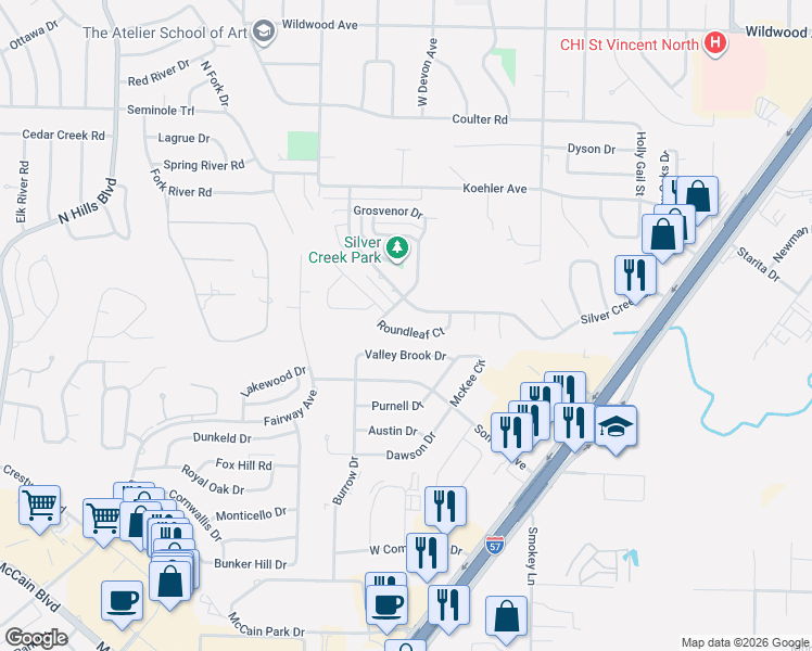 map of restaurants, bars, coffee shops, grocery stores, and more near 103 Round Leaf Court in Sherwood