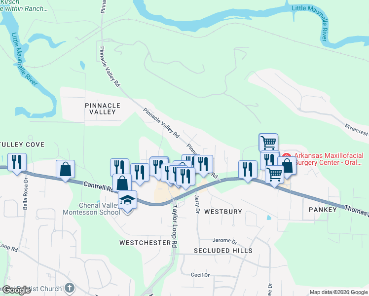 map of restaurants, bars, coffee shops, grocery stores, and more near 5522 Pinnacle Valley Road in Little Rock